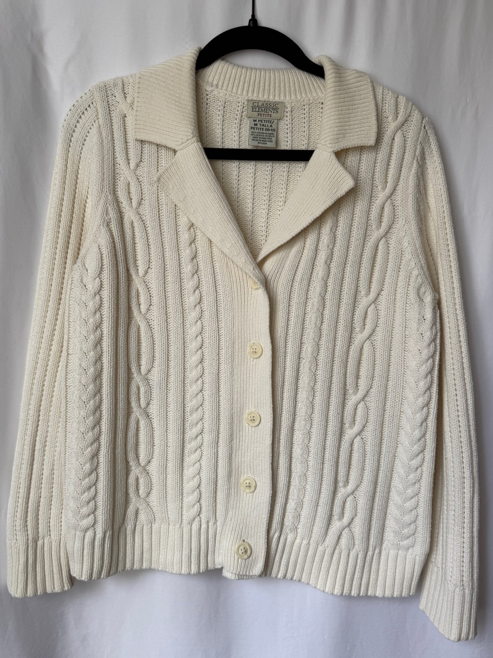 Classic Cream Cable Knit Button-Up Cardigan Sweater Medium Petite